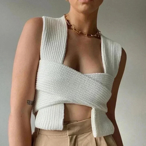 White Wrap Around Bandage Knit Multi Wear Top - Picture 2 of 6